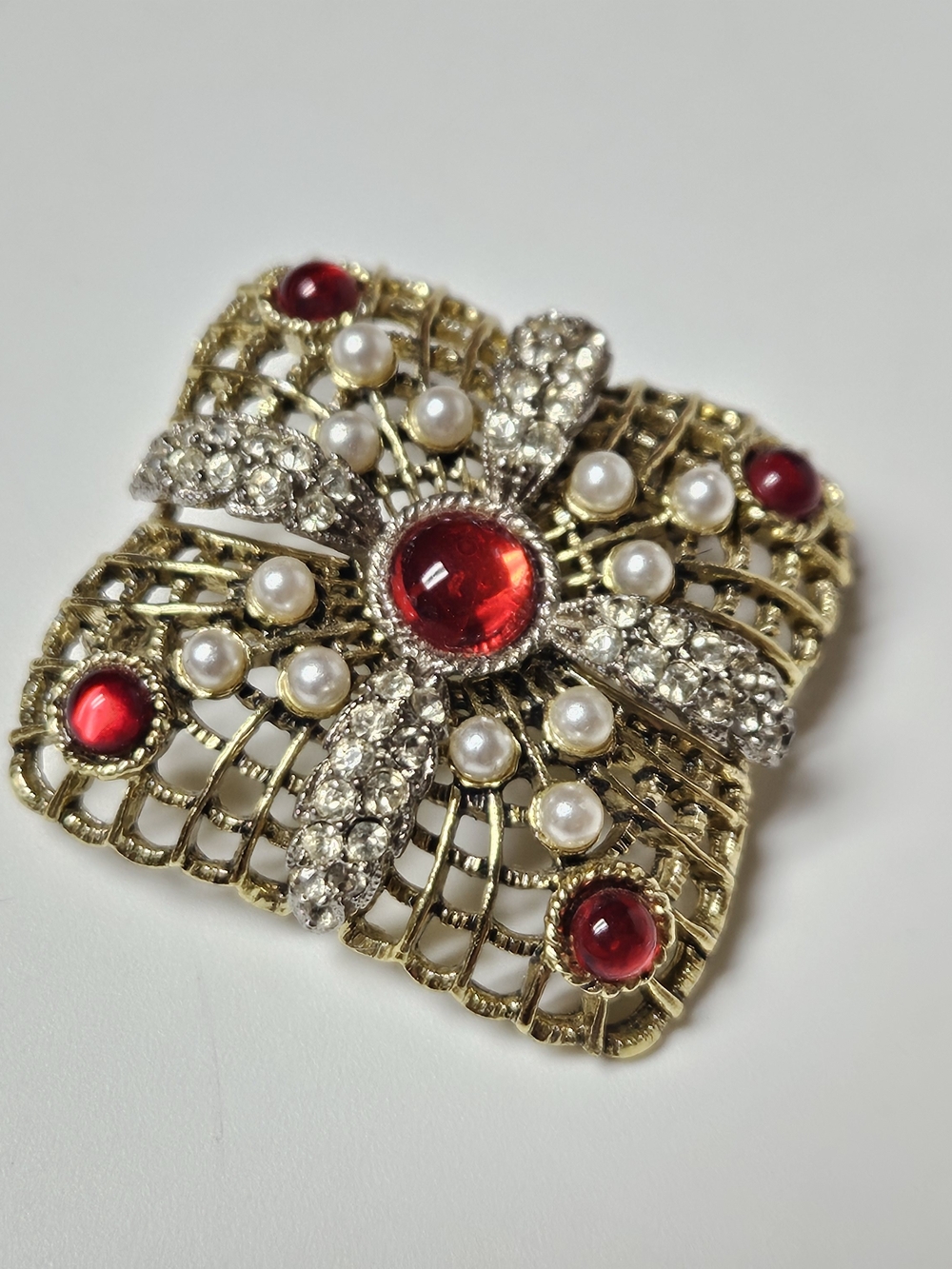Gold Renaissance Style Brooch with Red Cabochons and Pearls